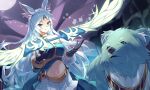  1girl :o absurdres animal_ear_fluff animal_ears apollousa_bow_of_the_goddess bear black_gloves blue_hair body_fur bow_(weapon) breasts chest_guard commentary_request cowboy_shot duel_monster forehead_jewel gloves green_eyes green_fur highres kanzakietc large_breasts long_hair midriff navel parted_lips pleated_skirt sidelocks single_bare_shoulder skirt vambraces very_long_hair weapon white_skirt yu-gi-oh! 
