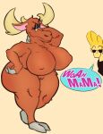  100_nails 2022 absurd_res anthro antlers becky_(johnny_bravo) big_breasts blonde_hair breasts butt capreoline cartoon_network cervid dialogue duo english_text female genitals hair half-closed_eyes hi_res hooves horn human johnny_bravo johnny_bravo_(series) looking_at_viewer male mammal moose narrowed_eyes nipple_outline pose pussy speech_bubble text 