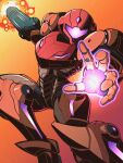  1girl arm_cannon armor helmet highres metroid offering_hand orange_background pechamaju power_armor power_suit_(metroid) samus_aran solo varia_suit weapon 