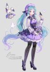  1girl absurdres aqua_eyes aqua_hair beret black_pantyhose black_shoes blush bouquet bug butterfly butterfly_on_hand chinese_commentary closed_mouth commentary_request creature dated dress flower full_body gradient_hair grey_background hair_flower hair_ornament hat hatsune_miku highres holding holding_bouquet layered_dress long_hair long_sleeves memory_mie multicolored_hair nail_polish pantyhose platform_heels puffy_long_sleeves puffy_sleeves purple_eyes purple_flower purple_hat rabbit rabbit_yukine shoes signature simple_background solo standing twintails very_long_hair violet_(flower) vocaloid 