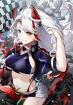 1girl antenna_hair azur_lane breasts buhualuo checkered_flag clothing_cutout cropped_shirt cross flag ground_vehicle hand_in_own_hair highres iron_cross jacket long_hair motor_vehicle motorcycle multicolored_hair official_alternate_costume orange_eyes panties panty_straps prinz_eugen_(azur_lane) prinz_eugen_(final_lap)_(azur_lane) purple_jacket race_queen red_hair red_panties streaked_hair two-tone_skirt underboob underboob_cutout underwear white_hair 