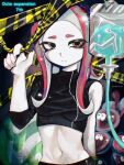  1girl absurdres agent_8_(splatoon) anniversary caution_tape closed_mouth copyright_name crop_top hanmenmi0_0 hashtag-only_commentary highres jellyfish_(splatoon) long_hair navel octoling red_hair solo splatoon_(series) splatoon_2 splatoon_2:_octo_expansion standing tentacle_hair thick_eyebrows yellow_eyes 
