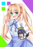  2girls :d :o angel angel_wings black_hair black_hairband blonde_hair blue_bow blue_bowtie blue_skirt blush bow bowtie chibi chibi_inset colored_eyelashes commentary_request cowboy_shot dress eyes_visible_through_hair green_eyes hair_between_eyes hair_intakes hair_ornament hairband hand_up happy heart high-waist_skirt highres holding holding_heart index_finger_raised kushima_kamome long_hair looking_ahead looking_at_viewer minatoto multiple_girls official_alternate_costume open_mouth outline puffy_short_sleeves puffy_sleeves shirt short_sleeves sidelocks simple_background skirt skull_and_crossbones smile solo_focus summer_pockets tsumugi_wenders twintails very_long_hair white_background white_dress white_outline white_shirt wings x_hair_ornament yellow_eyes 