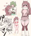  2girls ^_^ animal_ears arm_behind_head arm_up arms_behind_back belt belt_pouch bikini black_eyes breasts brown_hair bug butterfly butterfly_on_head closed_eyes commentary fur_collar green_hair hand_on_own_hip headpat heart highres hug kimi_no_koto_ga_dai_dai_dai_dai_daisuki_na_100-nin_no_kanojo kuchiha_chiru3 large_breasts long_hair multiple_girls multiple_views necktie necktie_in_pocket personification plunging_neckline ponytail posing pouch red_bikini short_hair simple_background slapping squirrel_ears squirrel_girl squirrel_tail swimsuit tail white_background yasashiki_yamame 