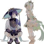  1boy 1girl anemo_symbol_(genshin_impact) anklet aqua_gemstone arm_behind_back arm_on_thigh armlet armor black_bodysuit black_bridal_gauntlets black_leggings black_sandals bloomers blue_hat blue_kimono blunt_ends blush bodysuit bridal_gauntlets cape colored_tips crying crying_with_eyes_open detached_sleeves dress eyeliner eyeshadow feathers flower gem genshin_impact gold gold_ring green_cape green_hair green_sleeves hat highres holding holding_flower hoshino_01074 japanese_armor japanese_clothes jewelry jingasa juban kimono kote kurokote leg_warmers leggings long_hair looking_at_another makeup middle_ring multicolored_hair nahida_(genshin_impact) open_clothes open_kimono open_mouth pom_pom_(clothes) purple_cape purple_eyes purple_hair red_eyeliner red_eyeshadow sandals scaramouche_(genshin_impact) side_ponytail sidelocks socks squatting standing stirrup_footwear tears toenails toes turtleneck turtleneck_bodysuit vision_(genshin_impact) wanderer_(genshin_impact) white_background white_bloomers white_dress white_hair white_kimono white_leg_warmers white_socks white_trim yellow_feathers zouri 