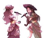  2girls black_hair blue_eyes bridal_gauntlets brown_eyes brown_hair corset dress earrings flower frilled_dress frilled_gloves frills gloves gold_belt hat hat_flower holding holding_microphone idolmaster idolmaster_shiny_colors jewelry jtangc long_hair microphone mitsumine_yuika monocle multiple_girls one_eye_closed smile thigh_strap tsukioka_kogane veil white_background 