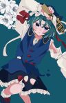  1girl absurdres arm_up black_shoes black_skirt blue_eyes blue_hat blue_vest blush bow buttons closed_mouth commentary_request eik_s2 epaulettes flower foot_out_of_frame footwear_bow frilled_hat frilled_skirt frills frown green_background green_hair hat highres holding loafers long_sleeves looking_at_viewer red_bow rod_of_remorse shiki_eiki shirt shoes short_hair simple_background skirt sleeve_bow socks solo touhou two-tone_bow v-shaped_eyebrows vest white_bow white_flower white_shirt white_socks 