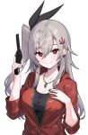  1girl absurdres black_shirt claire_redfield claire_redfield_(cosplay) cosplay crown_hair_ornament grey_hair gun hand_on_own_chest highres hirayu721 holding holding_gun holding_weapon hololive hololive_dev_is isaki_riona jacket leather leather_jacket long_hair multicolored_nails one_side_up red_eyes shirt smile virtual_youtuber weapon white_background 