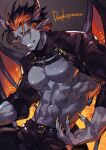  abs azaya_(kuroi_azaya) bat_wings belt belt_collar black_hair black_horns collar colored_skin cowboy_shot cropped_jacket demon_boy fingernails grey_skin horns looking_at_viewer multicolored_hair muscular muscular_male no_shirt orange_eyes orange_hair orange_nails original pectorals pointy_ears sharp_fingernails short_hair smile solo stomach twitter_username two-tone_hair wings 