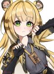  1girl animal_ear_fluff animal_ears blonde_hair colored_inner_hair gloves green_eyes highres jacket ju_fufu long_hair looking_at_viewer multicolored_hair shirt smile solo striped_hair tail tiger_ears tiger_girl vic4games zenless_zone_zero 
