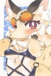 2025 4_fingers anthro blush breasts brown_body brown_ears brown_fur canid canine circle_eyebrows clothing cygames eyebrows eyelashes eyewear eyewear_on_head female fingers fox fur gloves_(marking) goggles goggles_on_head inner_ear_fluff looking_at_viewer mammal markings minikokemo mouth_closed neck_tuft one-piece_swimsuit portrait purple_eyes shirano simple_background small_breasts snout solo swimwear tail three-quarter_portrait tuft under_boob water_background white_background white_eyebrows wide_hips world_flipper yellow_body yellow_fur