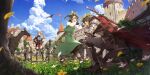  2girls 6+boys armor beard blue_sky breastplate brown_hair building cape castle cloud commentary_request dress facial_hair fantasy flower grass green_dress green_eyes head_wreath highres hood hood_up horns horseback_riding knight looking_at_another multiple_boys multiple_girls on_one_knee one_side_up open_clothes open_mouth orange_hair original outdoors pauldrons red_cape riding short_hair shoulder_armor sky somehira_katsu standing sword tree weapon yellow_eyes 
