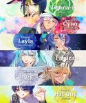  2girls 4boys :d :p absurdres alternate_costume alternate_hairstyle animal_ears aqua_eyes beret black_hair blonde_hair blue_hair blunt_bangs blunt_ends bright_pupils character_name clenched_hands closed_mouth collared_shirt colored_eyelashes colored_tips cyno_(genshin_impact) ear_ornament earrings emblem eyelashes eyeliner eyes_visible_through_hair eyeshadow faruzan_(genshin_impact) fingernails fox_ears genshin_impact gradient_hair green_hair green_hat green_jacket green_necktie grey_hair hair_between_eyes hand_on_own_face hands_up hat highres index_finger_raised jacket jewelry kaveh_(genshin_impact) lapels layla_(genshin_impact) long_hair makeup money_gesture multicolored_hair multiple_boys multiple_girls necktie one_eye_closed pointy_ears ponytail purple_eyes purple_hair raised_eyebrows red_eyeliner red_eyes red_eyeshadow scaramouche_(genshin_impact) shirt sidelocks smile sugarcanedove symbol-shaped_pupils tighnari_(genshin_impact) tongue tongue_out triangle-shaped_pupils tsurime twintails white_hair white_pupils white_shirt wispy_bangs yellow_eyes 