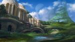  1girl arch blue_sky bridge building castle cloud cloudy_sky day fantasy flower grass highres landscape moon mountain nature noba original outdoors planet river rock ruins scenery signature sky tree water 