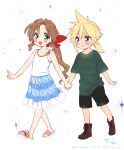  1boy 1girl aerith_gainsborough alternate_costume bangs bare_arms black_short blonde_hair blue_eyes blue_skirt blush boots brown_hair cloud_strife fang female_child final_fantasy final_fantasy_vii flat_chest green_eyes green_shirt hair_between_eyes hair_ribbon holding_hands krudears low_ponytail male_child open_mouth parted_bangs pointing ponytail red_ribbon ribbon sandals shirt sidelocks skirt smile spiked_hair t-shirt thick_eyebrows wavy_hair wavy_mouth white_background white_shirt younger 