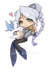  1girl animal animal_on_shoulder baldur&#039;s_gate baldur&#039;s_gate_3 bird blue_pants braid chibi chibi_only duck dungeons_&amp;_dragons elf full_body green_eyes heart highres holding holding_animal knees_together_feet_apart long_hair pants pointy_ears scar scar_on_cheek scar_on_face shadowheart_(baldur&#039;s_gate) simple_background single_braid smile solo white_background white_hair yy20251111 