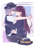  2girls absurdres bang_dream! bang_dream!_it&#039;s_mygo!!!!! black_hat black_jacket black_pants black_vest blush brown_eyes chinese_commentary closed_mouth commentary_request eye_contact grey_hair hand_under_clothes hat highres jacket keyun long_hair looking_at_another mole mole_under_eye multiple_girls navel pants purple_eyes purple_hair shiina_taki short_hair string string_of_fate takamatsu_tomori vest yuri 