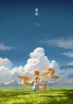  1girl artist_name blue_sky cloud commentary_request couldoh dark-skinned_female dark_skin field flying frye_(splatoon) highres horizon inkling long_hair long_pointy_ears moray_eel on_grass pants pointy_ears scenery simple_bird sky solo splatoon_(series) splatoon_3 standing tentacle_hair twitter_username white_pants 
