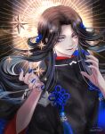  1boy absurdres black_background blue_eyes brown_hair closed_mouth heterochromia highres long_hair long_sleeves looking_at_viewer male_focus nail_polish red_eyes shichiseiken_(touken_ranbu) smile solo star_(symbol) touken_ranbu zasikirou 