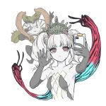  1boy 1girl :o character_request commentary dot_nose double_v elbow_gloves final_fantasy final_fantasy_xiv gloves grey_gloves highres photobomb red_eyes saku_ff11 scathach_(ff14) selfie short_twintails simple_background symbol-only_commentary tiara twintails v white_background white_hair 