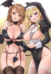  2girls areola_slip bare_shoulders black_gloves black_headwear black_thighhighs blonde_hair blush breasts brown_eyes brown_hair cleavage covered_navel demon_tail elbow_gloves gloves head_wings highres hojo_karen idolmaster idolmaster_cinderella_girls large_breasts long_sleeves mk_(mod0) multiple_girls navel nun ohtsuki_yui open_mouth purple_eyes simple_background smile tail thighhighs white_thighhighs yellow_background 