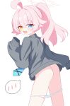  1girl ahoge ass blue_archive blush bottomless corrupted_twitter_file flying_sweatdrops grey_sweater halo heart heterochromia highres hoshino_(blue_archive) long_sleeves necktie open_mouth panties panty_pull pink_background pink_hair ponytail simple_background sleeves_past_fingers sleeves_past_wrists solo speech_bubble spoken_blush sweater ttriwk underwear white_background white_panties 
