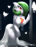  2022 ambiguous_gender anthro blush breasts chest_spike clothed clothing dress female gardevoir group hair hair_over_eye hi_res humanoid kneeling looking_at_viewer medium_breasts midori_(rilex_lenov) nintendo not_furry_focus one_eye_obstructed partially_submerged pok&eacute;mon pok&eacute;mon_(species) ribombee rilex_lenov solo_focus spikes spikes_(anatomy) street_lamp video_games water 