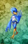 2025 abby_kreewk absurd_res anthro avian beak bird blue_body blue_feathers clothing digital_media_(artwork) feathers female hi_res if_hell_had_a_taste navel open_beak open_mouth shirt solo tail tail_feathers topwear viroveteruscy yellow_eyes