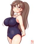  1girl amagi_(kancolle) artist_logo blue_swimsuit bouncing_breasts breasts brown_eyes brown_hair commentary_request competition_school_swimsuit cowboy_shot dated high_ponytail kanon_(kurogane_knights) kantai_collection large_breasts long_hair one-hour_drawing_challenge ponytail school_swimsuit simple_background solo standing swimsuit white_background wide_ponytail 