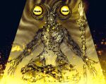  1boy body_piercings deadpool_yuchan disembodied_eye elden_ring elden_ring_nightreign extra_eyes facing_viewer goat_horns goat_legs highres horizontal_pupils horns libra_(elden_ring) looking_at_viewer mage_staff meditation monster monster_focus pelvic_curtain signature solo very_big_eyes yellow_theme 
