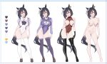  1girl absurdres adapted_costume animal_ears black_gloves black_hair black_thighhighs blue_eyes blush bob_cut bow bowtie breasts breasts_out brown_leotard brown_shoes collared_leotard color_guide commentary_request contrapposto covered_navel covered_nipples ear_scrunchie ear_tag eishin_flash_(umamusume) full_body gloves hair_between_eyes highres horse_ears horse_girl horse_tail horseshoe_ornament large_breasts leotard loafers long_sleeves looking_at_viewer multicolored_leotard multiple_views navel nipples open_mouth piercing puffy_short_sleeves puffy_sleeves purple_bow purple_bowtie purple_leotard purple_thighhighs pussy pussy_piercing school_uniform shoes short_hair short_sleeves simple_background smile standing summer_uniform tail thighhighs tongue tongue_out tongue_piercing tracen_school_uniform two-tone_leotard ugohato umamusume uncensored white_background white_bow white_bowtie white_leotard white_thighhighs winter_uniform 