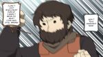  1boy arm_up armor artist_name beard black_eyes brown_hair clenched_hands commentary english_commentary facial_hair gomulgong highres leather_armor long_sleeves looking_at_another male_focus motion_blur original solid_oval_eyes solo twitter_username 