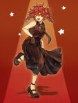  1girl alternate_costume bare_shoulders black_dress black_gloves dress drill_hair encore_dance_(synthesizer_v) gloves hair_between_eyes highres kasane_teto leg_up long_dress looking_at_viewer mary_janes open_mouth platform_shoes red_background red_hair shadow shoes shunyechu skirt_hold sleeveless sleeveless_dress solo standing standing_on_one_leg star_(symbol) star_symbol_background tiptoes twin_drills utau 