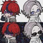  2boys :d ahoge aotsuki_eito blue_eyes blush chibi chibi_only dual_persona glasses grey_hair highres looking_at_viewer male_focus multicolored_hair multiple_boys multiple_views red_hair ringed_eyes shaded_face smile split_screen spoilers static streaked_hair suaviterra sumino_takumi sunglasses sweatdrop the_hundred_line_-last_defense_academy- 