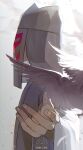  1other bird character_name commentary_request copyright_name covered_face dove feathers from_side hand_up highres mask motoiwork profile robe samezima_admin sidelighting solo toshi_densetsu_kaitai_center upper_body white_background white_robe 