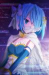  1girl armor bandage_on_face bandages blossom_magica blue_dress blue_eyes blue_hair blue_sleeves breastplate cape detached_sleeves dress fortissimo frilled_dress frills gloves hair_ornament highres looking_at_viewer magical_girl mahou_shoujo_madoka_magica miki_sayaka miki_sayaka_(magical_girl) musical_note musical_note_hair_ornament short_hair solo upper_body white_cape white_dress white_gloves 
