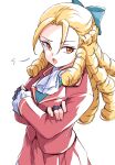  1girl :o ascot black_gloves blonde_hair blue_bow bow crossed_arms drill_hair fingerless_gloves gloves hair_bow highres ikaringo_(ikaringo4444) jacket kanzuki_karin long_hair long_sleeves open_mouth puff_of_air red_eyes red_jacket red_skirt skirt solo street_fighter white_ascot white_background 