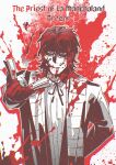  1boy arm_behind_back black_coat blood blood_on_clothes blood_on_face blood_on_hands blood_splatter coat collared_shirt english_text glasses gregor_(project_moon) highres incoming_gift la_manchaland_(identity)_(project_moon) limbus_company looking_at_viewer male_focus messy_hair neck_ribbon opening_book partially_shaded_face project_moon red_eyes red_hair ribbon rooker_repair shirt solo stole upper_body white_shirt wolf_cut 
