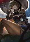  1boy armor bishounen blurry blurry_foreground breastplate brown_hair brown_pantyhose crossed_legs doushite feet_out_of_frame fingerless_gloves gloves gold_trim granblue_fantasy hair_between_eyes hand_up highres hood hood_up legs long_sleeves looking_at_viewer male_focus open_mouth pantyhose red_eyes sandalphon_(granblue_fantasy) short_hair shoulder_armor sitting teeth thighs upper_teeth_only 
