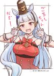  1girl 1other animal_ears blue_bow blunt_bangs bow bowtie breasts claw_pose dated ear_bow fangs gold_ship_(umamusume) grey_hair highres horse_ears horse_girl large_breasts long_hair looking_at_viewer pillbox_hat purple_eyes red_bow red_bowtie shiromaru_(maniado) skin_fangs solo_focus twitter_username umamusume upper_body 