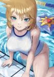  1girl alternate_breast_size bangs bare_arms blonde_hair breasts climbing commentary_request fagi_(kakikaki) green_eyes large_breasts looking_at_viewer misty_(pokemon) one-piece_swimsuit parted_lips pokemon pokemon_(creature) pokemon_(game) pokemon_hgss pool shiny shiny_hair short_hair starmie swimsuit water wet white_swimsuit 