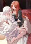  2girls alternate_costume arm_between_legs artistic_error barefoot bed blue_eyes bow braid breasts cleavage collarbone commentary dress full_body green_bow green_shirt hair_bow highres holding_another&#039;s_hair hong_meiling izayoi_sakuya lace-trimmed_dress lace_trim long_hair long_sleeves looking_at_another medium_breasts medium_hair multiple_girls on_bed pants parted_bangs red_hair sarukana shirt side_braids sitting touhou very_long_hair wariza white_dress white_hair white_pants wrong_foot yokozuwari yuri 