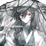  1boy bandaged_fingers bandages black_hair black_hanfu black_shirt bracer braid brown_hat character_request chinese_clothes chinese_commentary colored_eyelashes commentary_request commission dated dot_nose expressionless eyes_visible_through_hair fingernails grey_veil hair_between_eyes hair_over_one_eye hand_up hanfu hat highres jacket long_hair long_sleeves looking_ahead parted_lips pink_eyes qing736251 shirt single_braid solo tsurime turtleneck turtleneck_shirt upper_body veil very_long_hair watermark weimao white_background white_jacket wide_sleeves wuwei_you_chu_you_hai_wu 