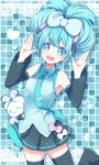  1girl :d ;3 absurdres aqua_theme black_shoes black_skirt black_sleeves blue_bow blue_eyes blue_shirt bow cinnamiku cinnamoroll collared_shirt commentary_request detached_sleeves fuwa_fuwa_cinnamoroll hair_bow hatsune_miku heart highres long_sleeves looking_at_viewer musical_note one_eye_closed partial_commentary pina710 pink_bow pleated_skirt sanrio shirt shoes skirt sleeveless sleeveless_shirt smile solo teeth tongue updo upper_teeth_only vocaloid white_bow 