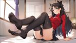 1girl black_hair black_skirt black_thighhighs blue_eyes blush breasts commentary_request dysoor fate/stay_night fate_(series) full_body hair_ribbon highres indoors looking_at_viewer medium_breasts no_shoes otakueden1995 panties pantyshot red_sweater ribbon sitting skirt solo sweater thighhighs thighs toes tohsaka_rin turtleneck turtleneck_sweater two_side_up underwear white_panties window 