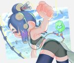  1girl armpits ass bike_shorts black_shorts blue_hair cephalopod_eyes commentary_request crop_top fishing_line fishing_rod hair_over_one_eye highres long_hair looking_at_viewer looking_back octoling official_alternate_costume outdoors outside_border red_eyes satokichi shiver_(splatoon) shiver_(splatoon_raiders) shorts solo splatoon_(series) splatoon_raiders tentacle_hair topknot watermark 