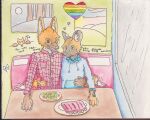 2025 absurd_res african_wild_dog anthro blep blue_eyes boy_kisser_(meme) canid canine cheek_tuft clothing detailed_background diner duo english_text eyewear facial_tuft flannel food glasses graffiti graffiti_on_wall green_eyes head_tuft heart_symbol hi_res hoodie hug inner_ear_fluff lgbt_pride lgbt_pride_month male male/male mammal maned_wolf markings meme mixed_media motion_lines one_eye_closed onomatopoeia open_mouth painting painting_(artwork) pen_(artwork) pride_colors restaurant ribs_(food) romantic romantic_couple salad shunnedpies smile sound_effects text tongue tongue_out topwear traditional_media_(artwork) tuft watercolor_(artwork) wearing_glasses wink