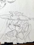  1boy 1girl armlet art_tools_in_frame blunt_ends blush bodysuit closed_eyes closed_mouth detached_sleeves dress eyelashes facing_another facing_viewer genshin_impact graphite_(medium) hand_on_another's_arm hand_on_another's_shoulder hat hetero highres hug hug_from_side huiyue1016 japanese_clothes jewelry jingasa kimono kiss kissing_cheek lofter_username long_hair nahida_(genshin_impact) pointy_ears scaramouche_(genshin_impact) side_ponytail sidelocks traditional_media v-shaped_eyebrows wanderer_(genshin_impact) 