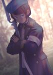  1girl absurdres antique_firearm armband bayonet blue_eyes blue_pants brown_coat brown_hair caplock closed_mouth coat commentary cowboy_shot crossed_arms firelock forest garrison_cap germany gun gun_sling hat highres jacket karasumi_(sumizono) long_sleeves looking_at_viewer military military_uniform nature open_clothes open_coat original pants short_hair sidelocks solo weapon white_armband white_jacket 