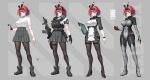  1girl absurdres ammunition_pouch ar-15 armored_boots assault_rifle battle_rifle black_gloves black_hairband black_headband black_pantyhose blue_eyes body_armor bodysuit boots breasts cellphone covered_navel dress full_body gloves green_eyes grey_background grey_skirt gun hairband harness headband headset high_heel_boots high_heels highres holding holding_gun holding_phone holding_tablet_pc holding_weapon holster holstered impossible_clothes large_breasts load_bearing_vest looking_at_viewer miniskirt mole multiple_views original pantyhose phone pleated_skirt pouch red_hair reference_sheet rifle school_uniform science_fiction sherman_(egnk2525) shirt short_hair short_sleeves sig_sauer skin_tight skirt smartphone standing tablet_pc tactical_clothes thigh_boots thigh_holster thigh_pouch thigh_strap thighhighs variations walkie-talkie watch weapon white_shirt wristwatch 